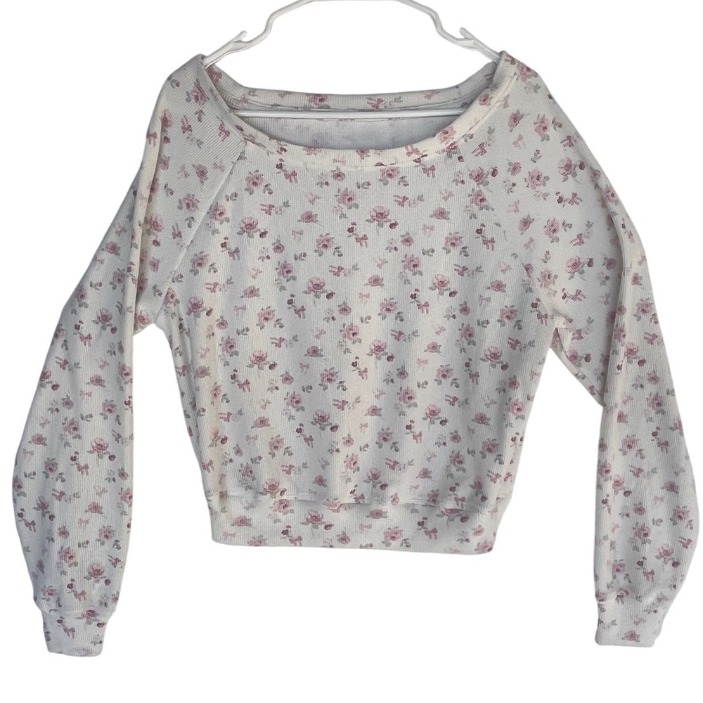 Floral Rose Bow Waffle Knit Pullover Sweatshirt Pink Cream‎ Raglan Long Sleeve